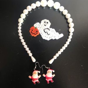 Bundle: faux pearl headband, crochet ghost pin, VINTAGE santa claus earrings